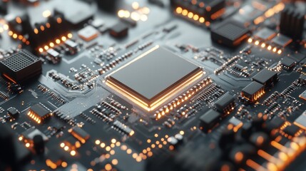 Close-up of Illuminated Microchip on Circuit Board.