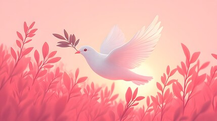Fototapeta premium Flat vector dove holding olive leaf, set against a glowing Easter light, clean lines