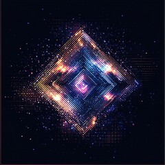 Abstract glowing rhombus with vibrant light streaks and particles on black background.