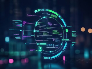 Fototapeta premium A circular flow chart with glowing segments, dark professional setting, accented by neon greens and blues