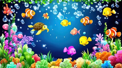 Colorful underwater scene with fish and coral reefs.