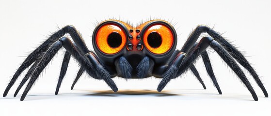 close up of a cartoon spider with large orange eyes on a white background