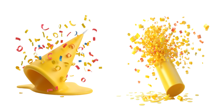Yellow Party Popper Emoji icon with confetti. illustration of 3d rendering. Generative AI.