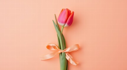 A single tulip with a ribbon tied around its stem for Mother's Day on a pastel salmon background