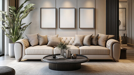 Three blank frames on the wall in a modern interior design living room