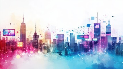 Obraz premium A bustling virtual cityscape combining iconic landmarks, digital billboards, and global connectivity lines in a vivid watercolor palette