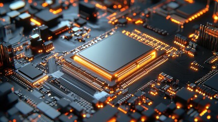 Fototapeta premium Close-up of illuminated circuit board with central processor.