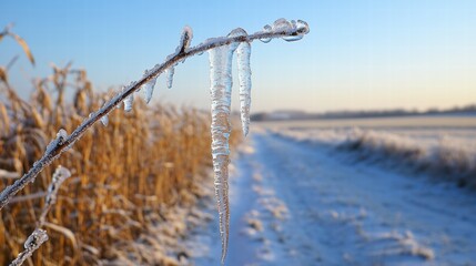 Close-up of a leaf with ice crystals forming with a serene winter scene
