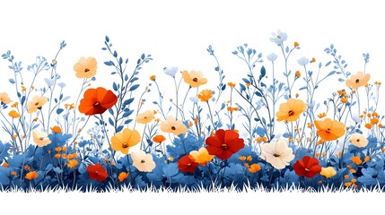 Flat vector fresh foliage with colorful blooming flowers symbolizing renewal, bright and cheerful style