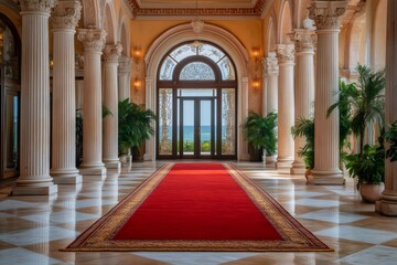 Obraz premium Red carpet leading to ocean view through elegant colonnade