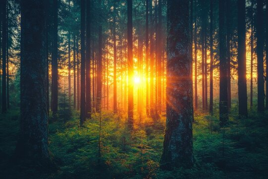Golden sunlight shining through misty forest at dawn - Powered by Adobe