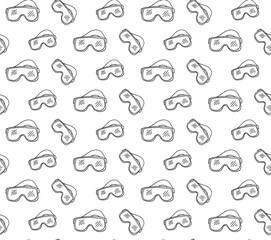 Skis, snowboard goggles, ski sunglasses seamless pattern. Graphic line illustration Reflection of mountain slopes in glasses. Seamless background.