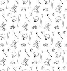 Set winter holiday, sport, ski equipment. Seamless pattern, helmet, skis, ski boots and other equipment. Vector graphic line illustration
