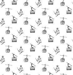 Ski cable lift for ski resort and winter sports and skier. Seamless pattern with ski elevator. Graphic line Design for tourist. Vector illustration cable car.