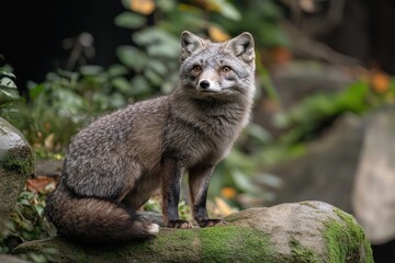 Naklejka premium Grey fox sitting on a rock in the forest