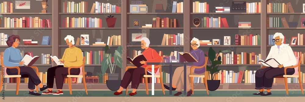 Aufkleber elderly individuals engaged in reading and studying in a cozy library atmosphere. generative ai