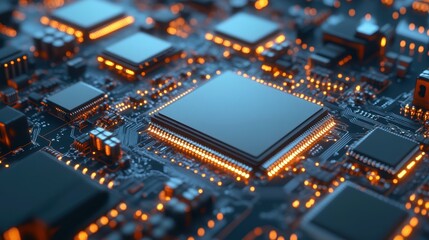 Fototapeta premium Close-up of illuminated circuit board with central processor.