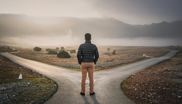 A person standing at a literal intersection or forked path, symbolizing decision-making and life choices 