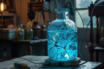 Blue fluid glows as it is being heated in a laboratory flask during a science experiment