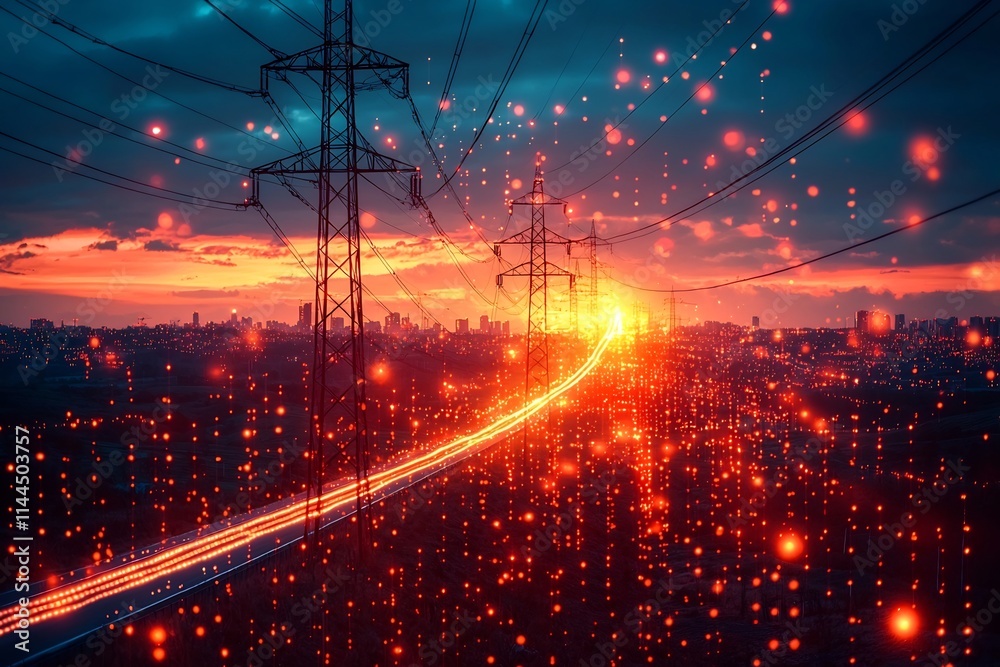 Poster futuristic digital energy grid with real time usage metrics and holographic display for efficient re