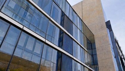 Obraz premium Modern Architecture Building with Glass Facade and Geometric Design in an Urban Setting