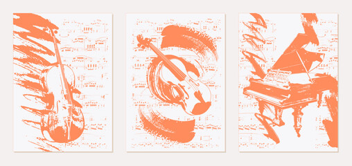 Set of musical backgrounds. Vintage templates with violin, cello, grand piano on the background of sheet music. Abstract brush strokes with paint texture. Vector. © LuckyCase Production