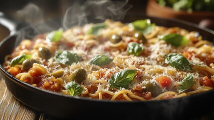 Steaming spaghetti with tomato sauce, olives, and basil in a skillet.
