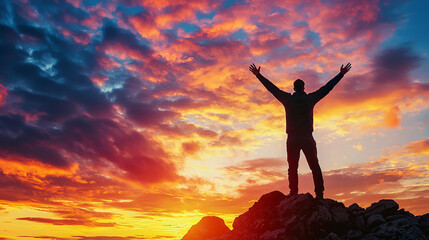 Man standing on a mountain peak at colorful sunset sky