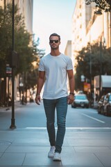 Fototapeta premium A fashionable young man strolls through the city streets, exuding confidence and style in bright sunlight.
