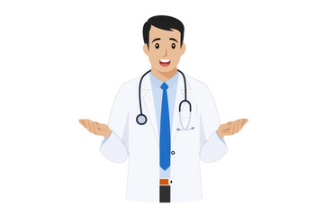Fototapeta premium A smiling doctor in a white coat with a stethoscope, gesturing with open hands, conveying friendliness and approachability.