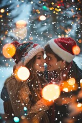 A couple shares a tender moment, enclosed in a snowy scene decorated with colorful lights.
