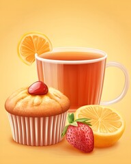 A lemon and strawberry muffin with a cup of tea.