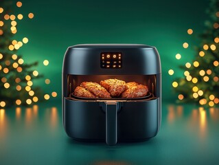 Modern Air Fryer Cooking Delicious Crispy Chicken Tenders with Warm Holiday Lights in Background for Festive Atmosphere