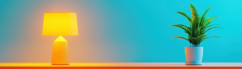 Modern Interior Scene with Warm Lighting and Decorative Plant on Minimalistic Shelf against Blue Background