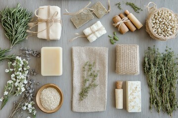 A beautiful arrangement of handmade soaps and herbs displayed artistically for a calming visual effect.