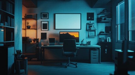 Modern home office at night, illuminated with blue and orange light, featuring a desk, computer, chair, shelves, and wall decor.