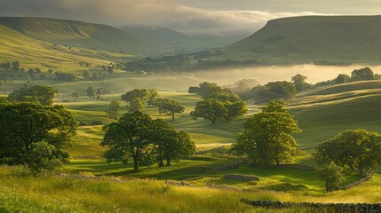 Obraz premium A soft golden dawn light illuminating a peaceful countryside landscape with rolling hills.