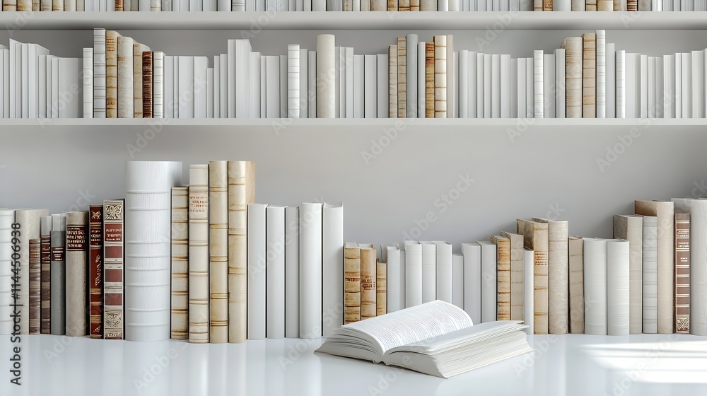 Poster minimalist white bookshelf filled with aligned books in modern interior design : generative ai