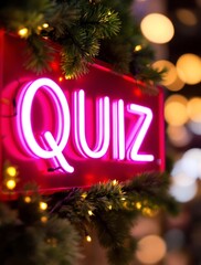 Neon Quiz Night Vibrant Red Neon Sign with Shimmering Holiday Lights Creating a Festive Atmosphere for Trivia Fun