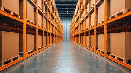 A spacious warehouse filled with neatly stacked cardboard boxes on orange shelving, showcasing an organized storage area.