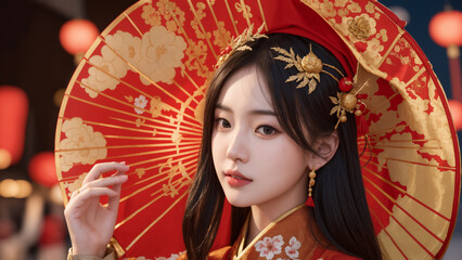 Beautiful Asian Woman Celebrating Chinese New Year Festival in Traditional Clothes