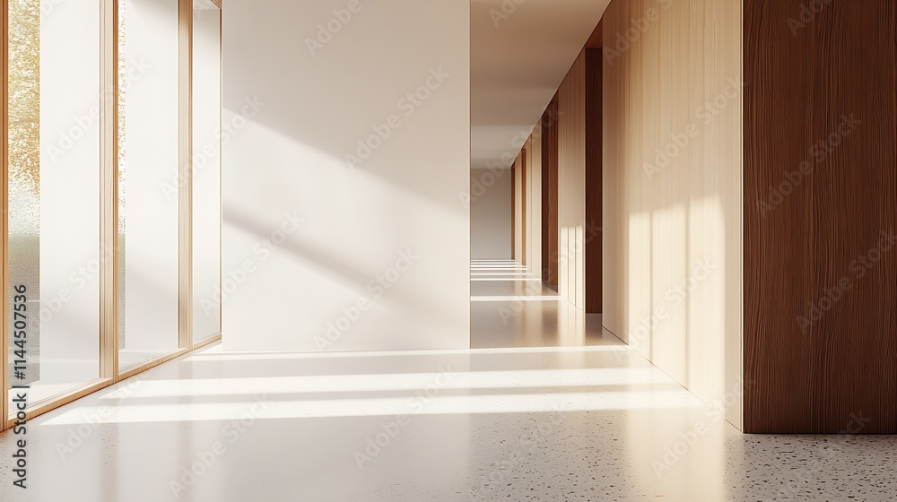 Poster Sunlit Minimalist Hallway with Wooden Accents and Large Windows for Modern Architecture Theme : Generative AI