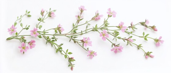 Fototapeta premium Pink flowers with green leaves on white background