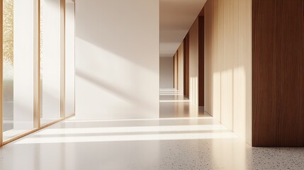 Obraz premium Sunlit Minimalist Hallway with Wooden Accents and Large Windows for Modern Architecture Theme : Generative AI