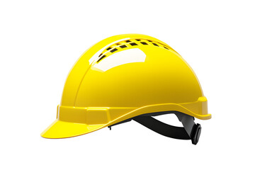 Fototapeta premium Yellow safety helmet with ventilation holes Isolated on cut out PNG or transparent background. Wear at work. Safety Construction Worker Hats. Construction team must have quality. Whether engineering. 