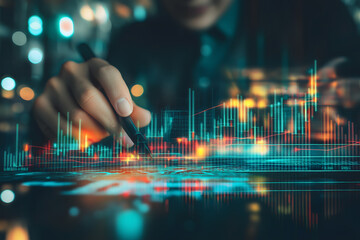 A close-up of a hand using a stylus on a glowing digital interface displaying futuristic graphs and data visualizations