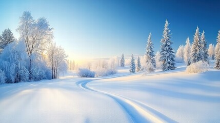 A serene winter landscape featuring snow-covered trees and a clear blue sky, creating a tranquil and picturesque scene