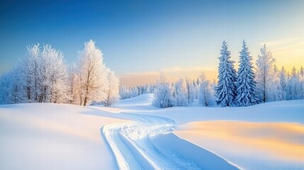 Obraz premium A serene winter landscape featuring snow-covered trees and a clear blue sky, creating a tranquil and picturesque scene