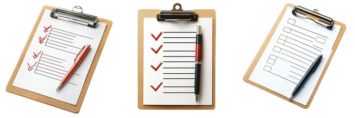Set of A 3D rendering of a clipboard with a checklist paper note icon on transparent png background