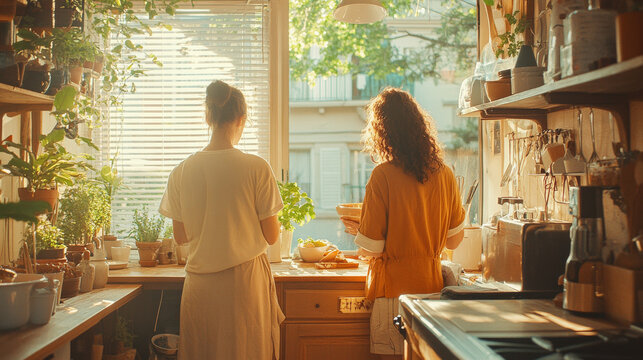 A warm and inviting kitchen scene featuring two women preparing food together, surrounded by lush greenery and sunlight streaming through window. atmosphere is cozy and collaborative, perfect for shar